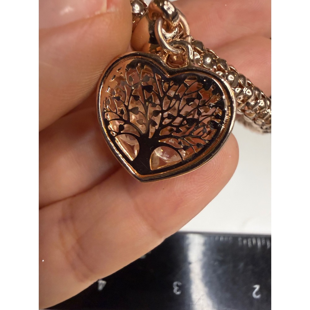 Rose Gold Tone Tree of Life Heart Charm Popcorn Stretch Bracelet